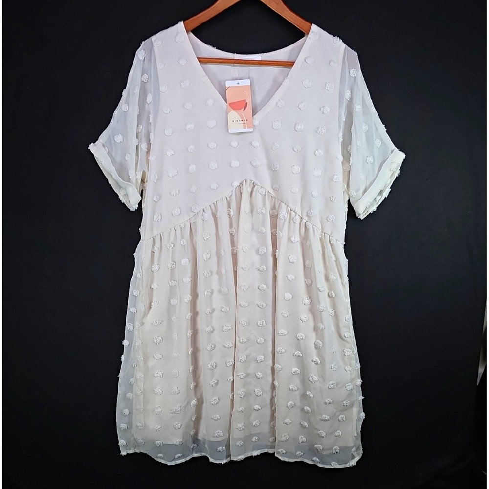 KIRUNDO Women's Ivory V-Neck Babydoll Swiss Dot Polka Dot Chiffon Dress Sz M